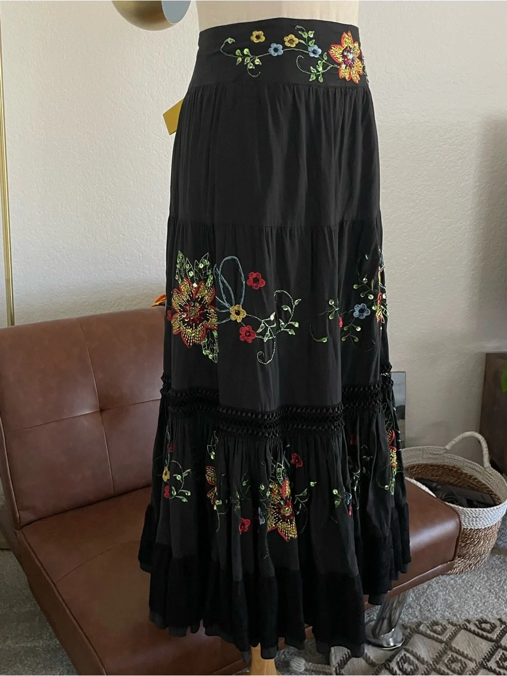 Bizz Boho Witchy Peasant Floral Embroidered Sequined Skirt
